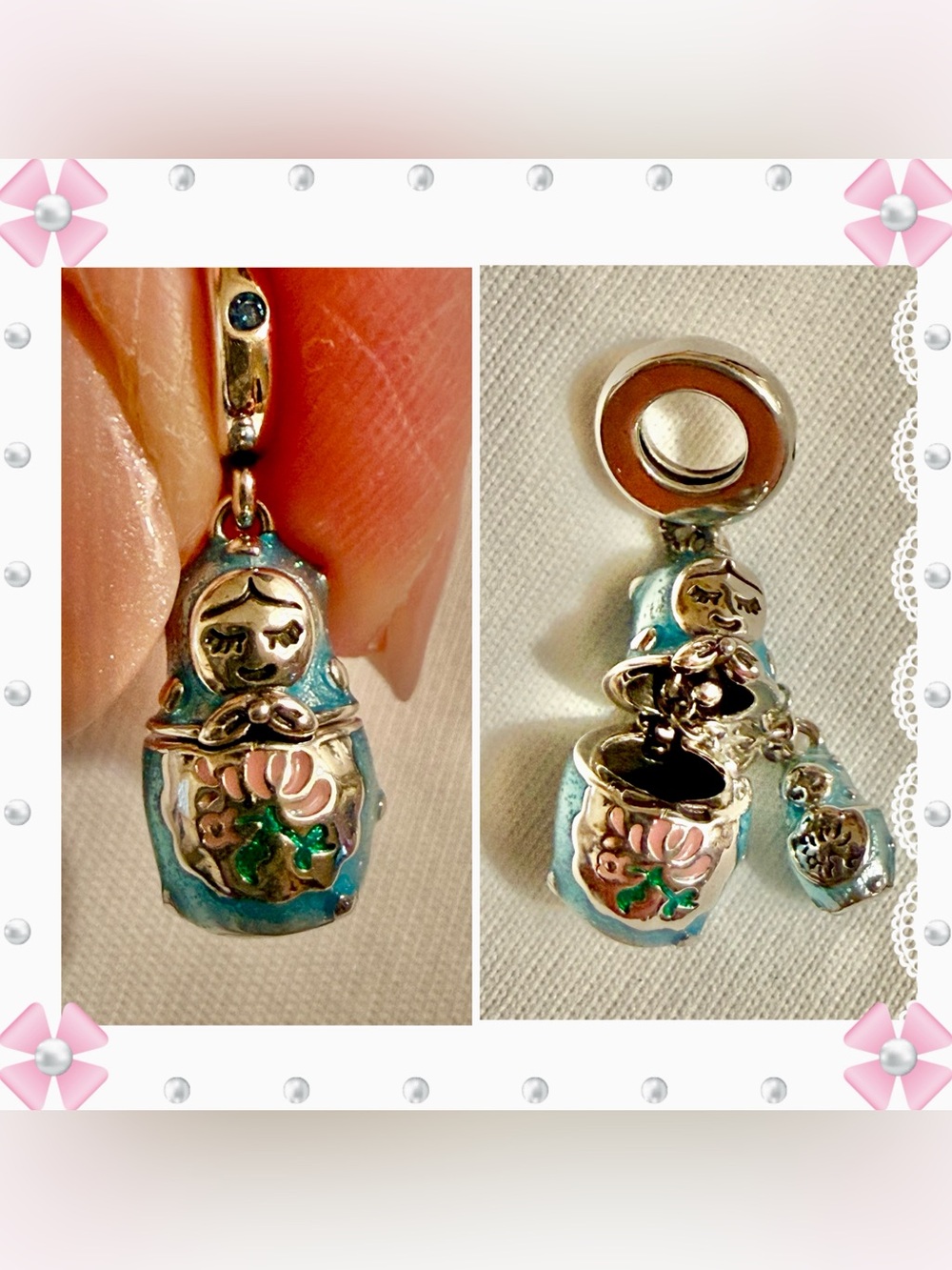 Charm / pendant - 1"h russian nesting doll charm - blue & silver tone. New!